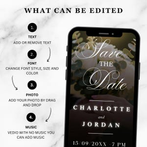 Pu&ograve; includere: Uno smartphone mostra un annuncio di matrimonio "Save the Date" con una scrittura elegante. Il design include i nomi "Charlotte and Jordan" e la data "15/09/20XX - 7 PM." L'immagine mostra anche opzioni di modifica: testo, carattere, foto e musica.