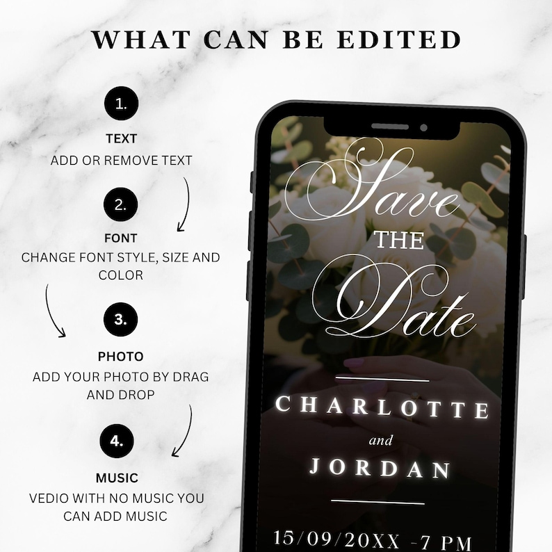 Pu&ograve; includere: Uno smartphone mostra un annuncio di matrimonio "Save the Date" con una scrittura elegante. Il design include i nomi "Charlotte and Jordan" e la data "15/09/20XX - 7 PM." L'immagine mostra anche opzioni di modifica: testo, carattere, foto e musica.