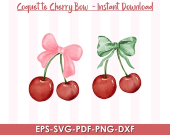 Coquette Cherry Bow Clipart, Watercolor Bow PNG SVG PDF (Digital Download)