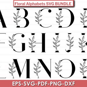 Letras monograma divididas de la A a la Z, alfabeto floral, letras florales SVG, archivo de corte del alfabeto botánico, archivos de corte de letras, letras decorativas, EPS, PDF