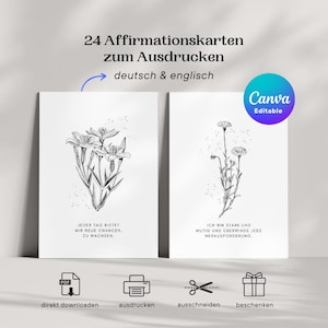 24 tarjetas digitales de afirmaciones para fomentar la atención plena, el amor propio y la confianza. Imprimibles y para colorear, ideales para el hogar, yoga, eventos o como obsequio.