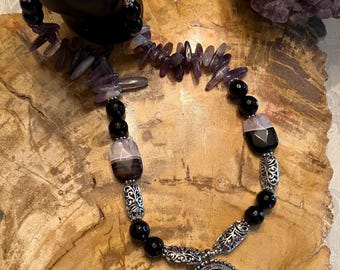 Handmade Black Onyx Amethyst Silver Filigree Necklace (24 inches)