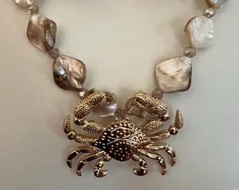 Gold Crab and Mother of Pearl Necklace and Earrings