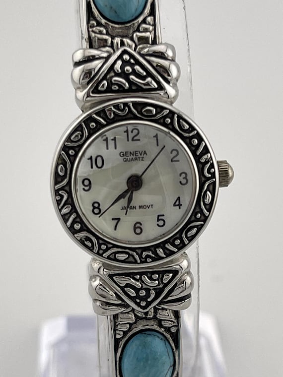 Geneva Silver Tone Turquoise Cuff Ladies Watch C.2000s  display picture 3