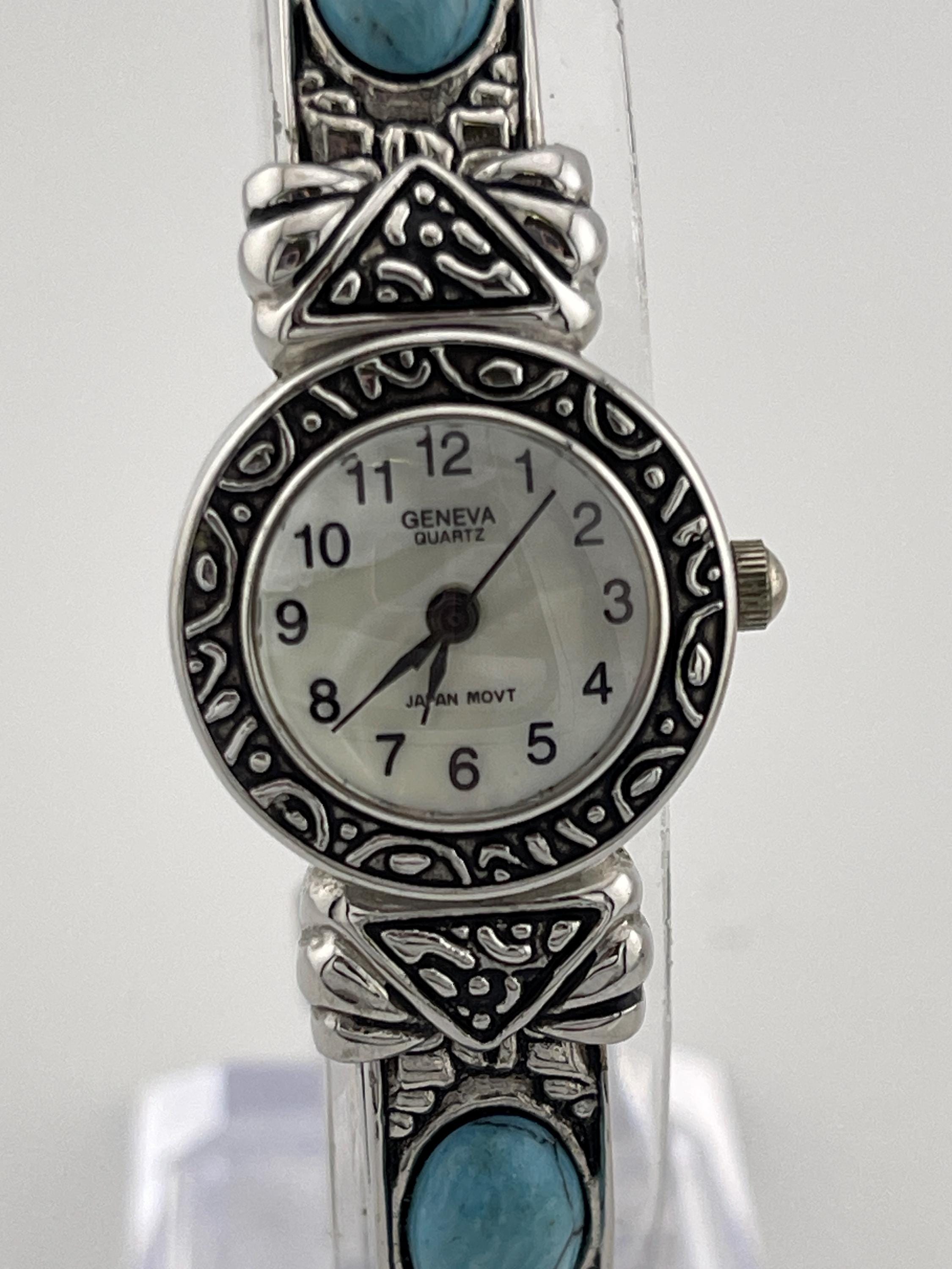 Geneva Genuine Turquoise Beaded Bracelet Watch with Silver Tone Accents O/S Geneva Silver Tone Turquoise Cuff Ladies Watch C.2000s - Etsy main image 3