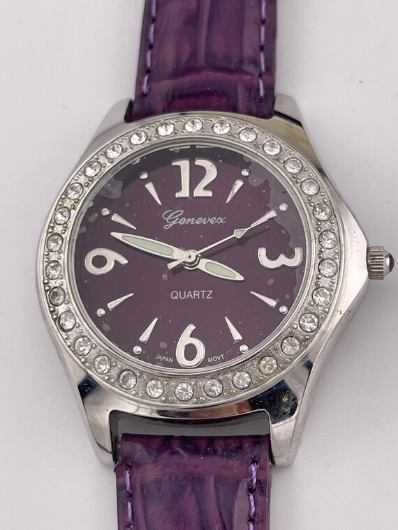 Vintage Genevex Purple Dial Crystal Bezel Quartz Watch C. 2000s