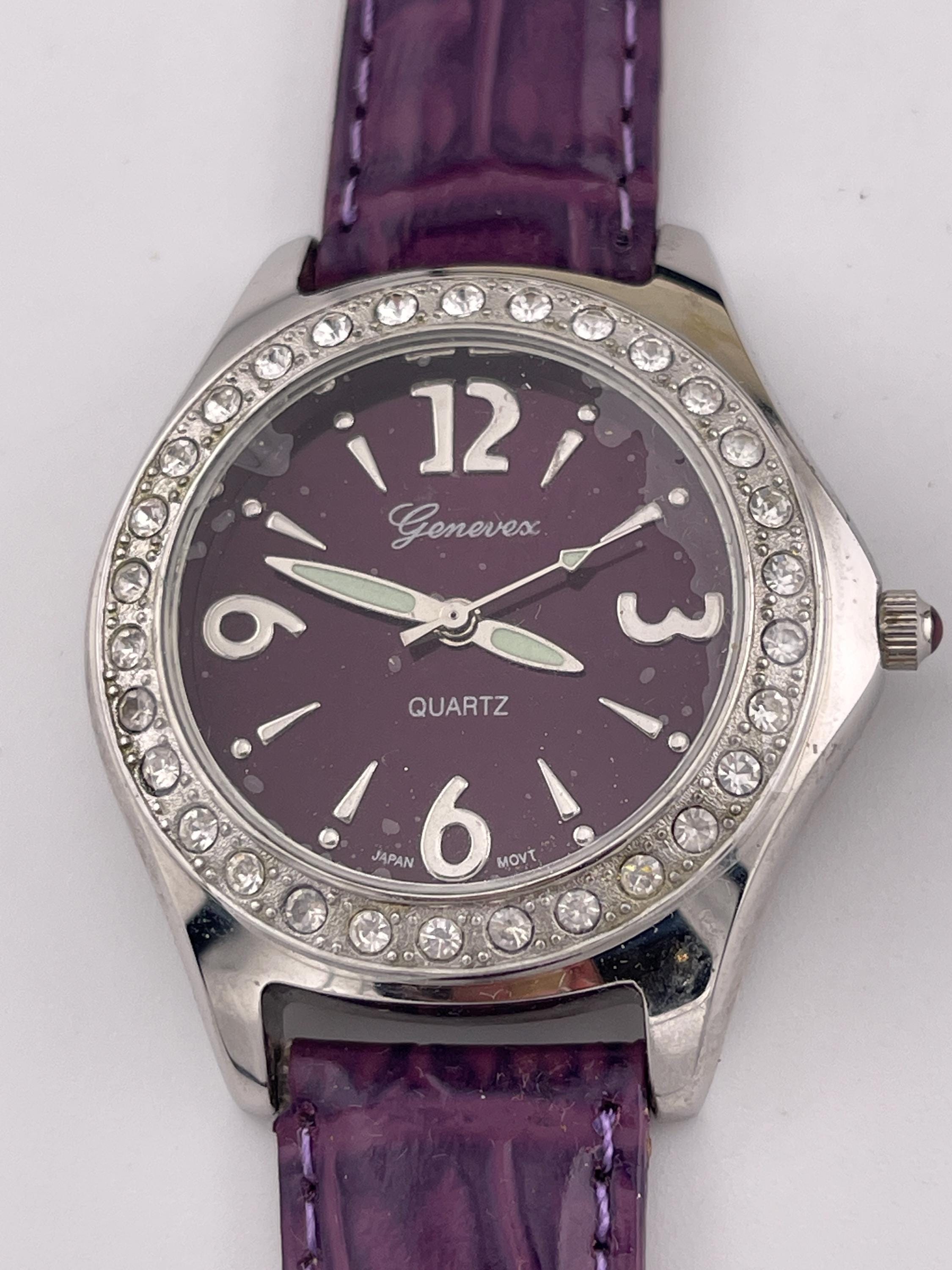 Vintage Genevex Purple Dial Crystal Bezel Quartz Watch C. 2000s