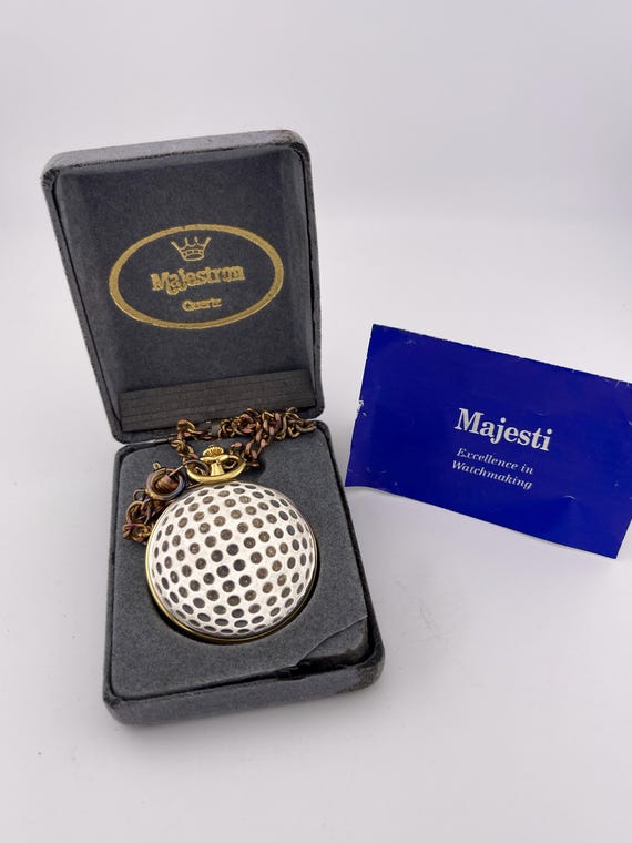 Majestron Golf Theme Quartz Pocket Watch Gold Tone W Chain C 1990s