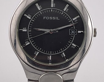 Fossil Stainless Steel Quartz Watch c. Early 2000s Black Dial Date Bracelet