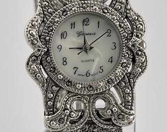 Geneva Ornate Silver Marcasite Style Bracelet Watch Quartz C 