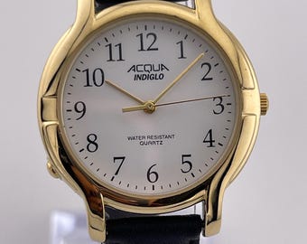 Acqua Indiglo Quartz Watch Gold Tone White Dial c.2000s Classic Ref A61412