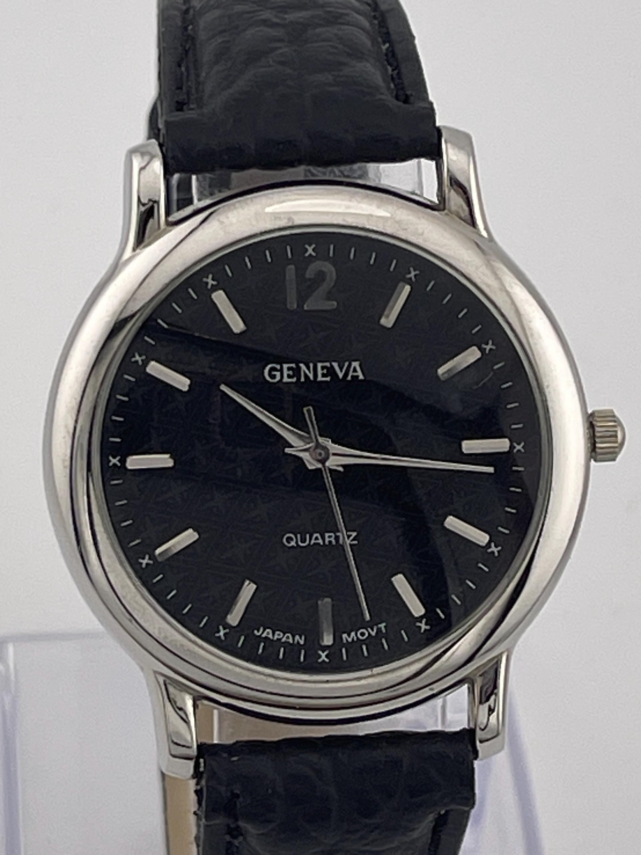 Geneva Men's Quartz Watch Black Dial, Silver Case and Black