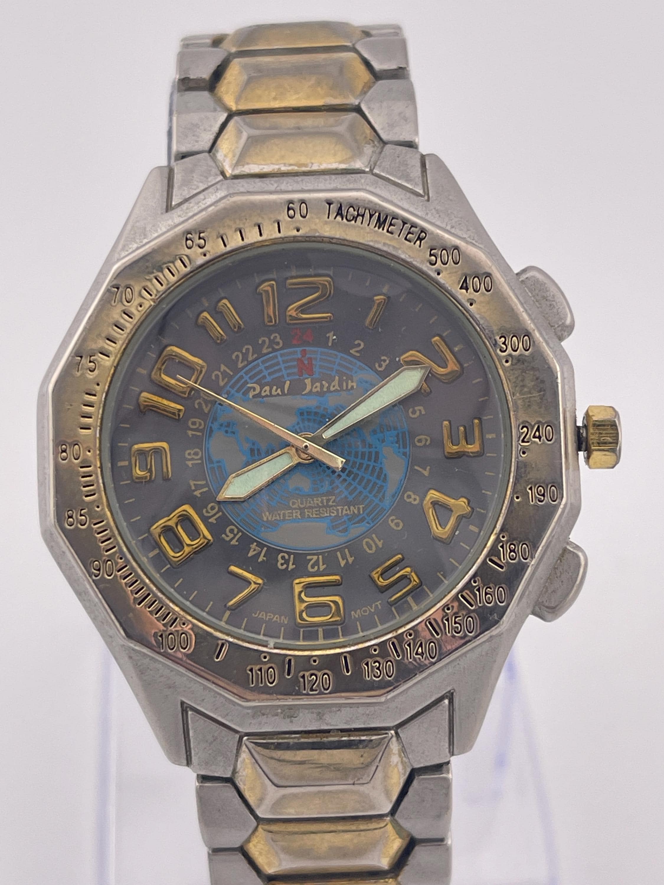Vintage Paul Jardin Men's Quartz Tachymeter Watch With Map Dial C