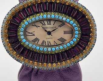 Heidi Daus Jeweled Oval Watch Purple Leather Strap c.2005 Quartz Statement Timepiece