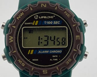 Lifelong Quartz 1/100 Sec Alarm Chronograph Digital Watch c 1990s Green Sport LCD