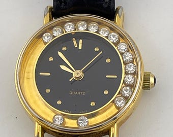 Avon Black and Gold Watch with Crystal Accents Vintage Avon Watch Women 24mm Black Gold Tone Floating  main image 2