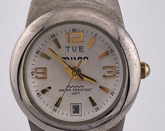 Vintage Milan Two-Tone Day Date Women’s Watch – Silver Gold Stretch Band