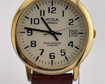 Acqua Indiglo L2 Quartz Watch c. 1990s Cream Dial Date Leather Strap 35mm