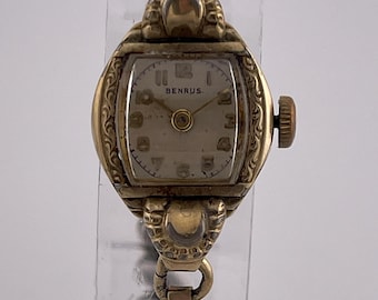 Benrus Ladies Vintage Bracelet Watch c 1950s Gold Tone Mechanical Jewelry Watch