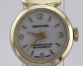 Bercona Antimagnetic Swiss Watch c 1950s Gold Tone 21mm Vintage Manual Wind Ladies Wristwatch