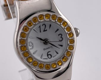 Vintage Rhinestone Bezel Cuff Quartz Watch Silver Tone c. 1990s