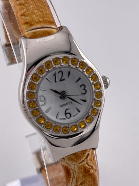 Vintage Rhinestone Bezel Cuff Quartz Watch Silver Tone C  display picture 1