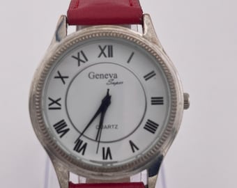 Geneva Super Quartz Watch FMDCT429A (c.2010s) – White Dial, Roman Numerals, Red Simulated Band