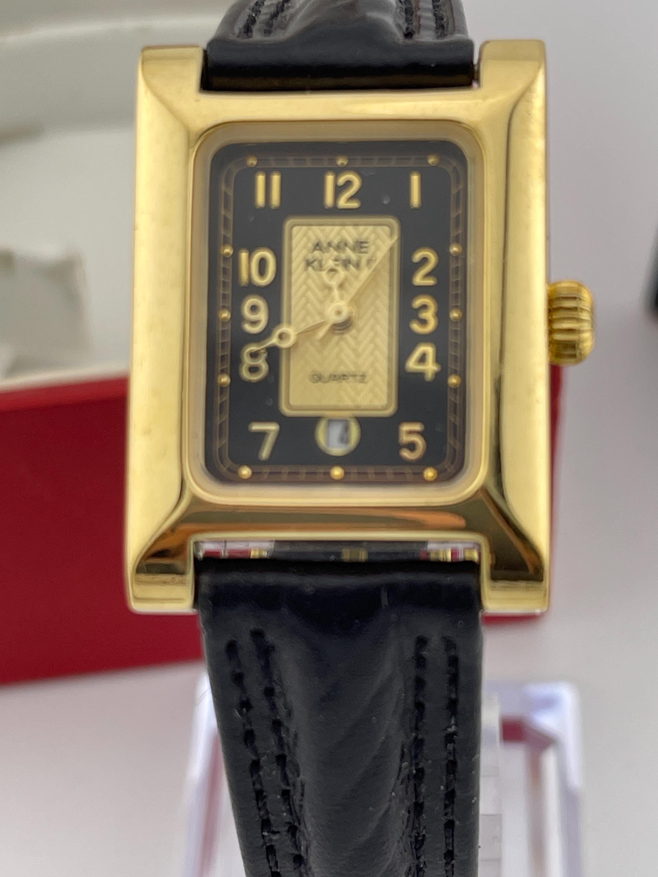 Anne Klein Rectangular Quartz Watch Gold Tone Black Dial 