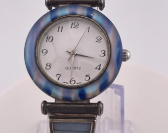 Vintage Avon Quartz Watch c.1990s – Silver-Tone with Blue Abalone Stretch Band & White Dial