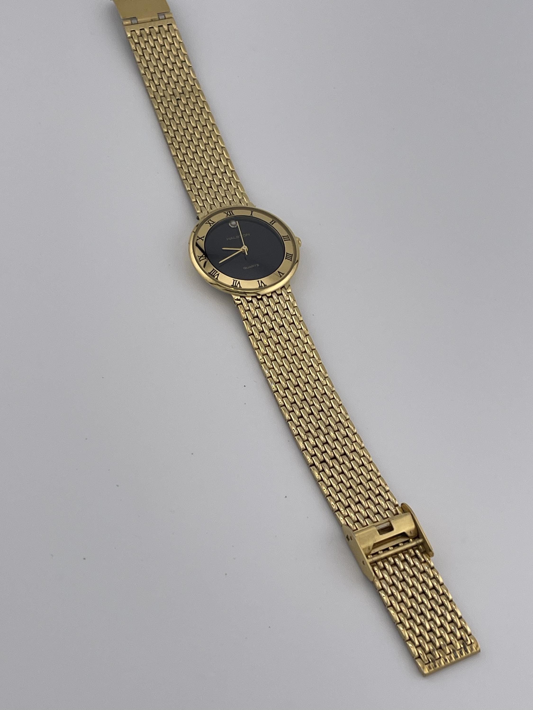 Halston Gold & Black vintage style watch w/ solitary diamond & 7” band. Halston Watch - Etsy main image 3