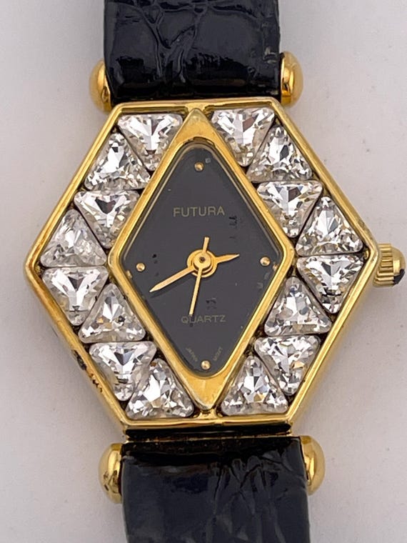 FORTUN JEWELRY QUARTZ 掛時計 ブラック　昭和レトロ Vintage FUTURA 7754 Hexagon Crystal Ladies Watch C.1990s – Black