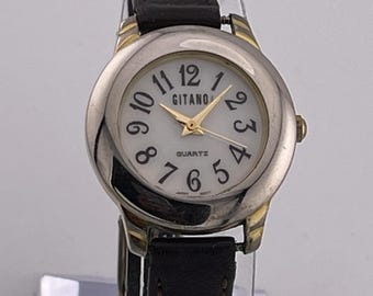 Vintage Gitano Quartz Watch c. 1990s Gold Tone Case White Dial Leather Strap 27mm