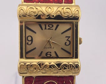 Avon Gold-Tone & Red Enamel Scroll Hinge Cuff Watch (c.1990s)