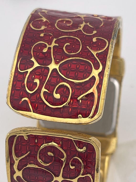Avon Gold-tone & Red Enamel Scroll Hinge Cuff Watch (c.1990s  display picture 1