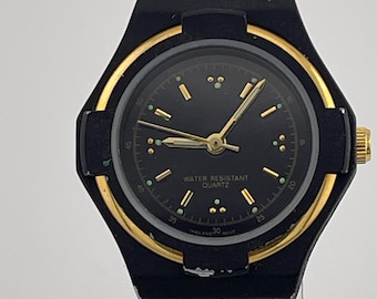 Vintage Black Quartz Wristwatch c 1990s Minimalist Gold Tone
