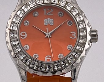 Rare Vintage Leather & Crystal Wristwatch | Suzanne Somers | Orange & White Suzanne Somers Orange Leather Watch, Silver Crystal Bezel - Etsy main image 3
