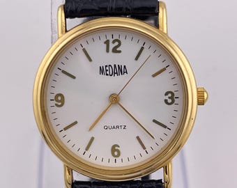 Medana Quartz Gold Tone Watch c.1990 – Japan Movement, White Dial, Black Leather Strap