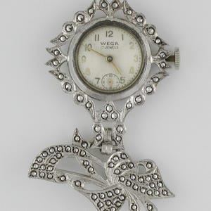 Wega Vintage watch 17 jewels - Hand winding Swiss Nurse watch - Sterling Silver Marcasite Watch Brooch Pin- Swiss Made - 1920&#39;s