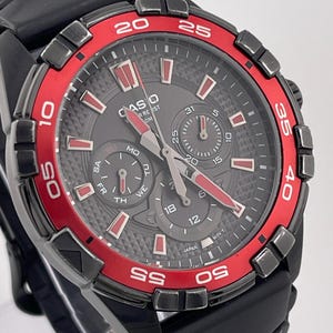 Casio MTD-1069 Men's Chronograph Watch – Black Dial with Red Markers and Bezel 2010s