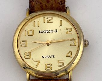 Watch It by MZ Berger Vintage Gold Tone Quartz Watch c.1990s Leather Strap Japan Movt