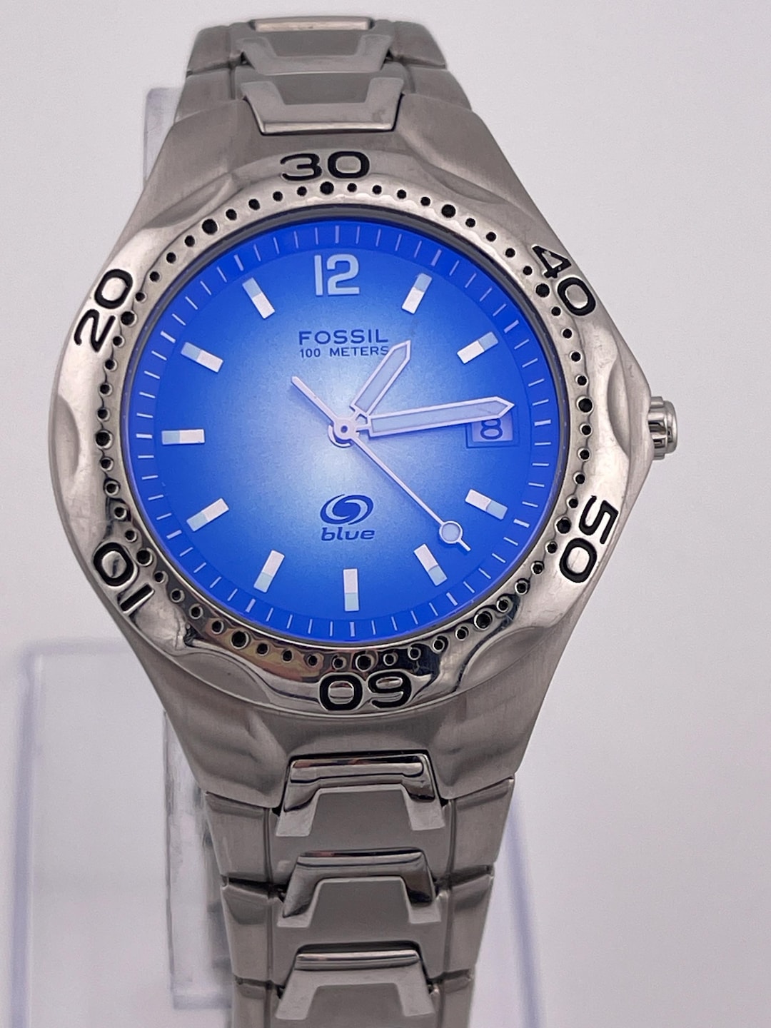 Vintage Fossil Blue AM-3475 Stainless Steel Men's Watch Japan