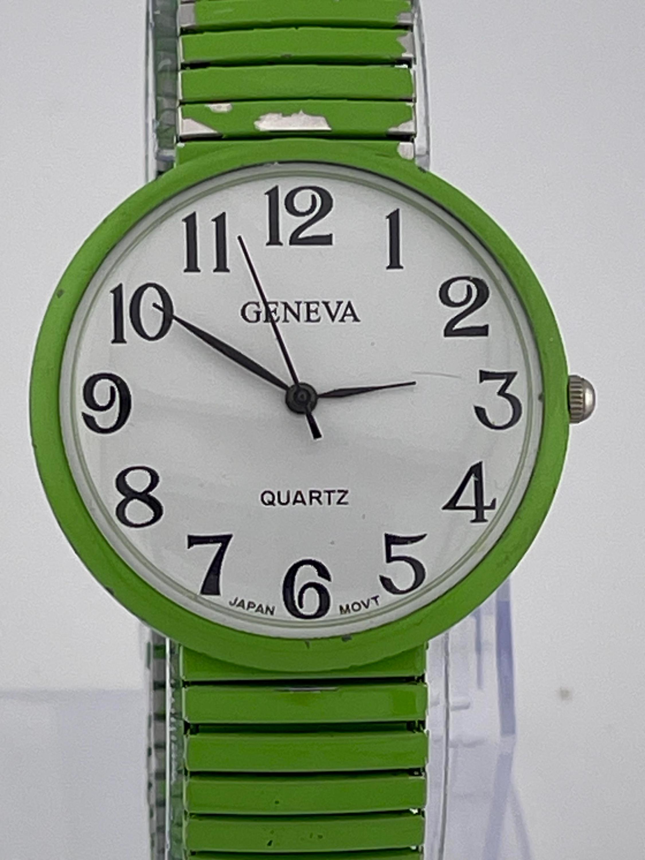 Geneva Quartz Watch – Japan Movt – Green Stretch Band – Easy-read