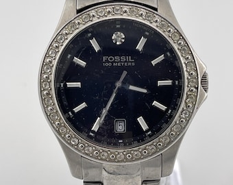 Fossil Stainless Steel Crystal Bezel Quartz Watch c. 2010 Black Dial 100m WR