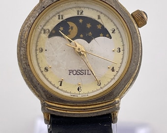 Fossil Mond Sterne Zifferblatt Vintage Uhr c. 1990er Jahre goldfarbenes geflochtenes Leder