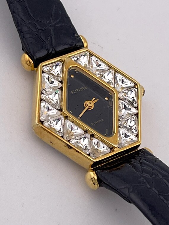 Vintage FUTURA 7754 Hexagon Crystal Ladies Watch C.1990s – Black
