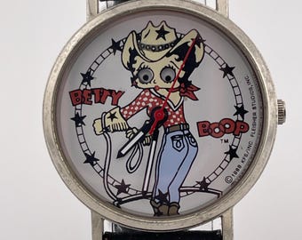 Betty Boop Cowgirl Vintage Watch c. 1990s KFS Braided Leather Cartoon Wristwatch