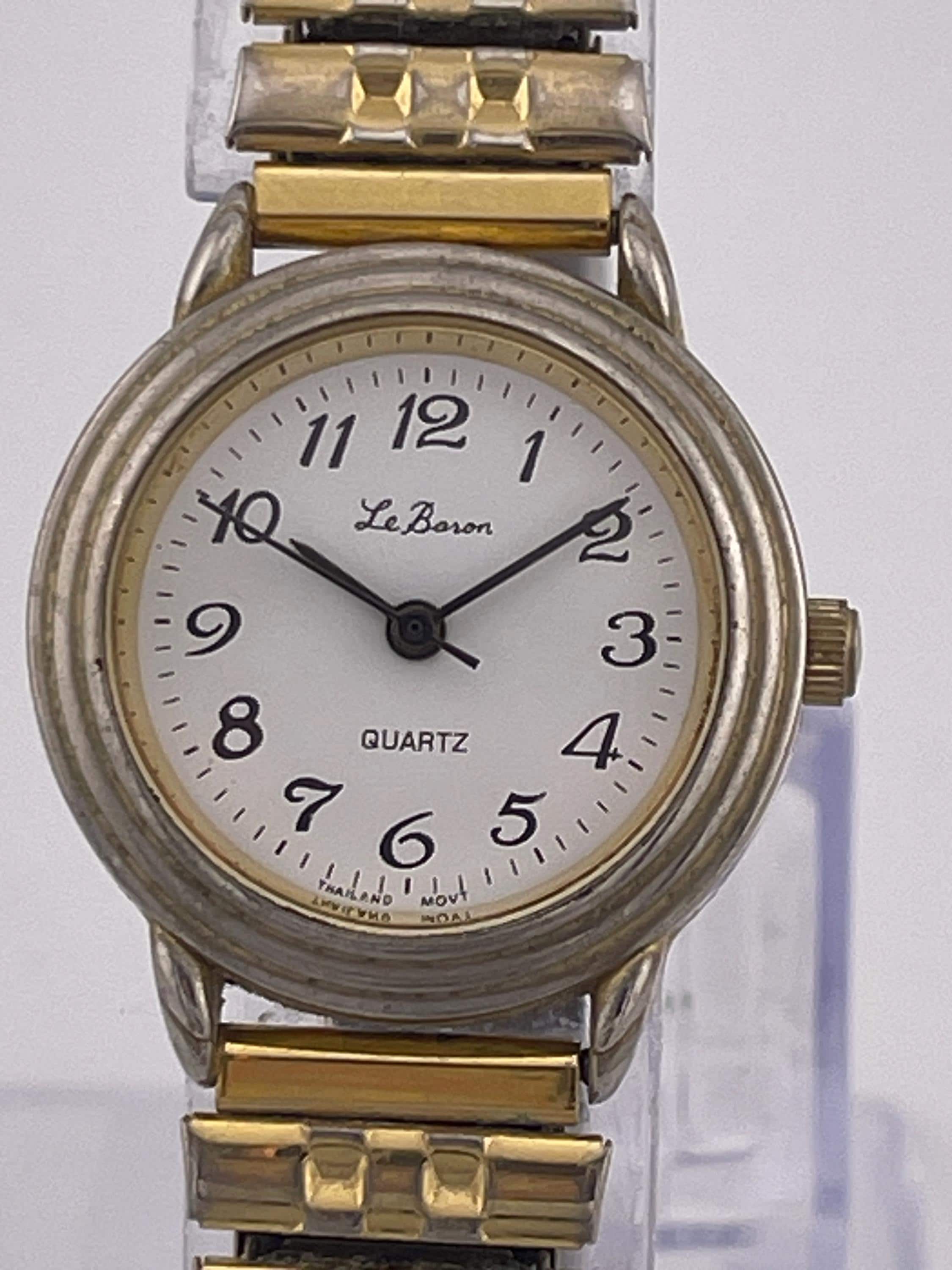 Gold Vintage Le Baron Watch Mother Of Pearl Chunky Goldtone Stretch band Vintage Le Baron Womens Watch 24mm Gold Tone Faux Pearl New  main image 2