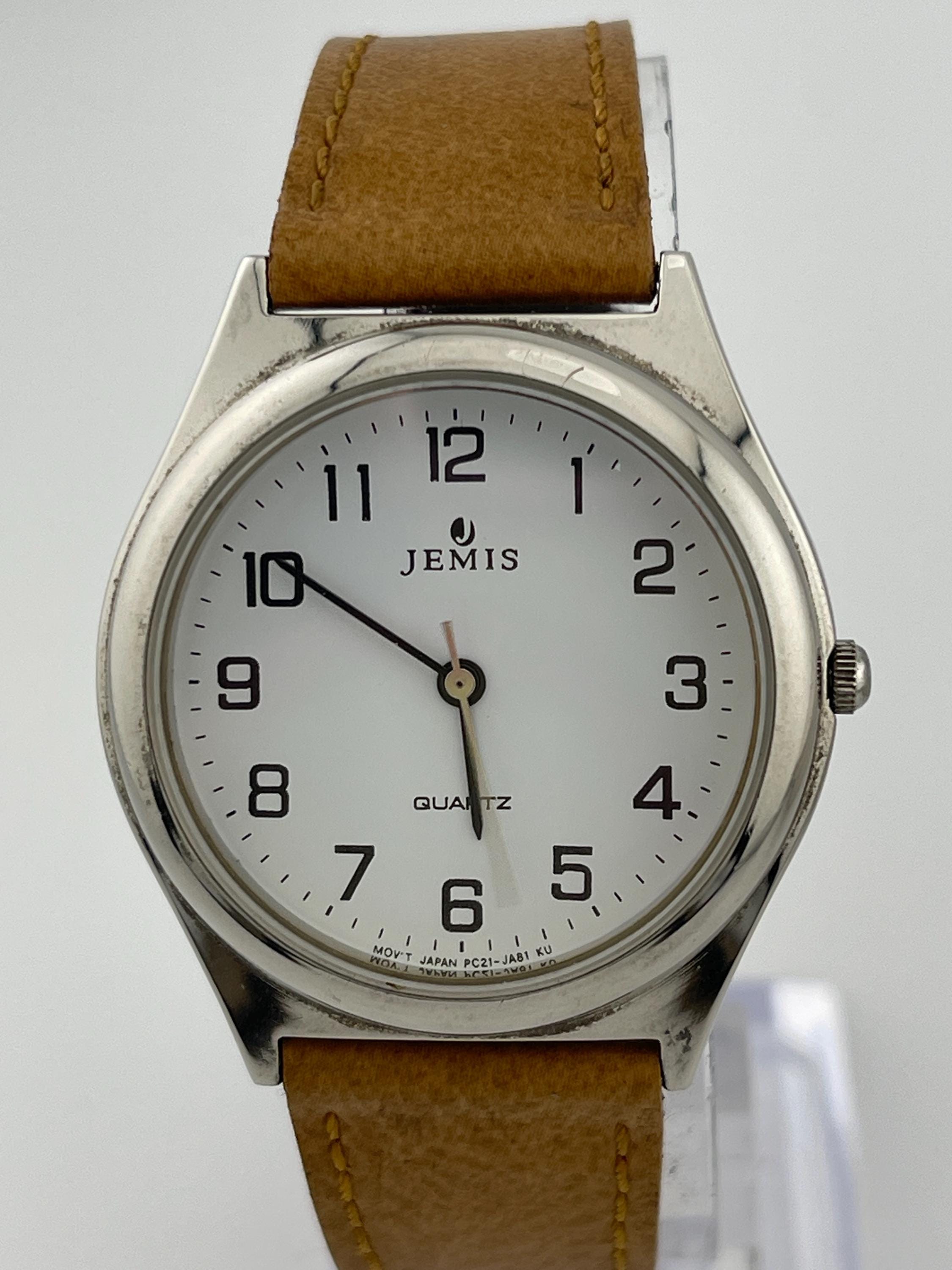 Vtg Jemis Quartz Watch Brown Gold Classic Leather Strap NOS Needs Battery Mens Vintage Jemis Quartz Watch - Etsy main image 3