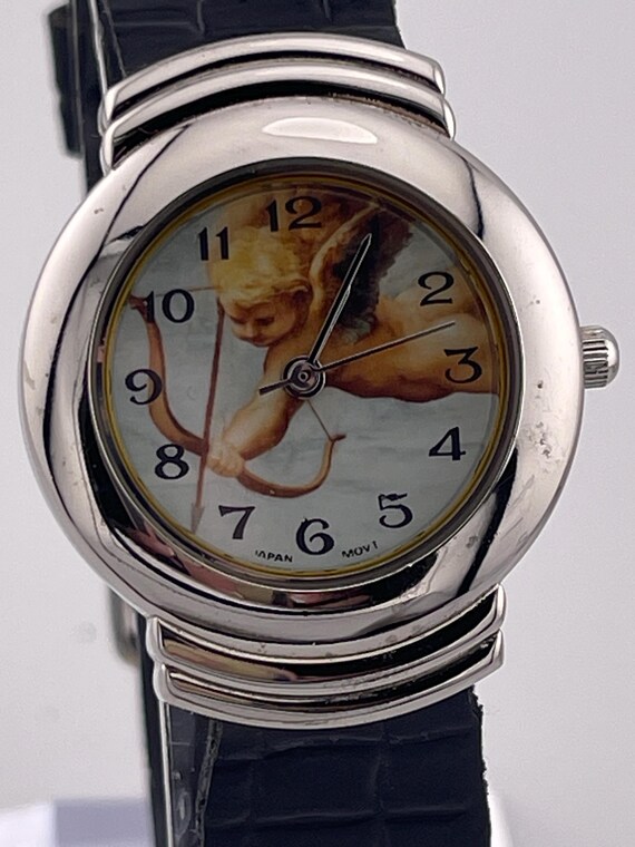 Vintage TMI Angel Cherub Gold Tone Leather Quartz Watch C 