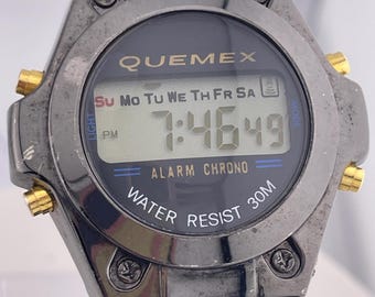 Reloj deportivo digital Quemex vintage con alarma y cronógrafo, 30 m, negro, circa 1990